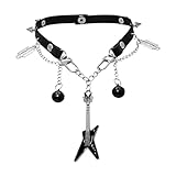 LuciPaw Goth Emo Choker Necklace with Guitar Razor Blade Bell Charms for Women Men – Punk Jewelry Black/White Faux Leather Collar for Cosplay Rock Costume Accessories (Black)
