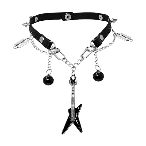 Goth Emo Choker Necklace with Guitar Razor Blade Bell Charms for Women Men – Punk Jewelry Black Faux Leather Collar for Cosplay Rock Costume Accessories