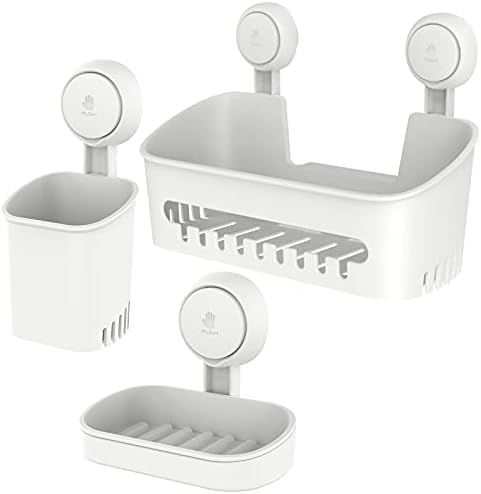 LEVERLOC Shower Caddy Suction Cup Set Shower Shelf Shower Basket One Second Installation NO-Drilling Removable Suction Shower Organizer Powerful Waterproof Bathroom Caddy Organizer - Pack of 3, White