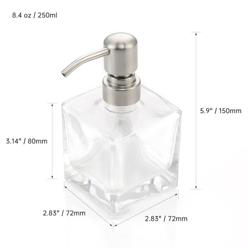 Image of Square Bathroom Soap Dispenser, Brushed Nickel, Glass Bottle, Stainless Steel Pump, Kitchen Hand Soap Dispenser