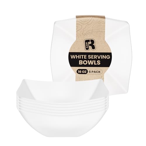 R-kay 6 Pack Square Plastic Serving Bowls - White Plastic bowls 16 Oz - Premium White Bowls Disposable Heavy Duty For Weddings Catering And Birthday parties