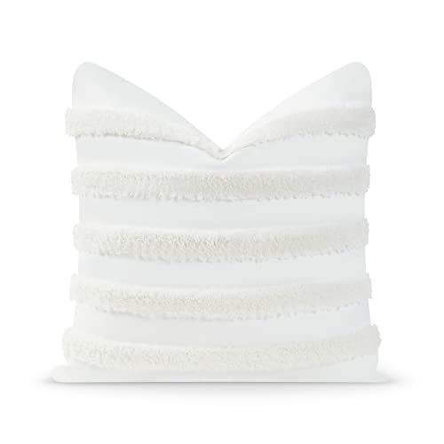 Hofdeco Premium Coastal Patio Tufted Indoor Outdoor Throw Pillow Cover Only, 18"x18" Water Resistant for Backyard, Couch, White Fluffy Stripes