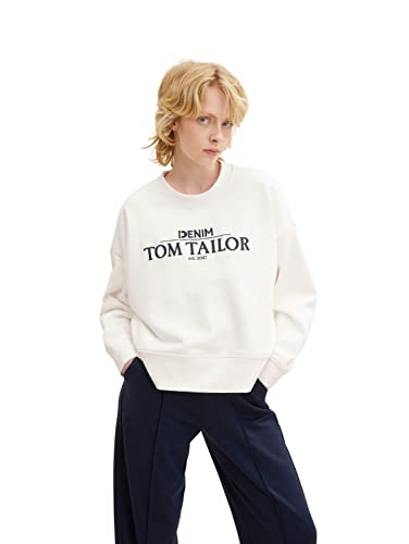 TOM TAILOR Denim Damen Sweatshirt mit Logoprint 1032938, 10348 - Gardenia White, M