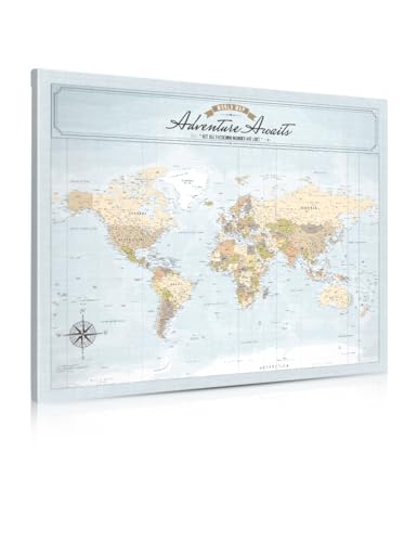 Image of IPIC - Canvas World Maps for Wall Decor, Push Pin Map Decor to Mark Travels, Large World Travel Map Print for Home, Office, Study, and RV, Ready to Hang
