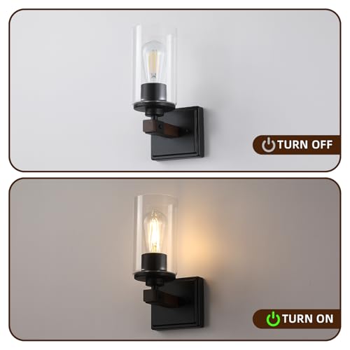 Image of Wall Sconces Set of 2, Farmhouse Rustic Vanity Wall Light Fixture Hardwired | Dark Brown Wood Grain Rustic Wall Sconce with Clear Glass Shade for Mirror, Bathroom, Bedroom, Hallway, E26(Bulbs Not Includ)