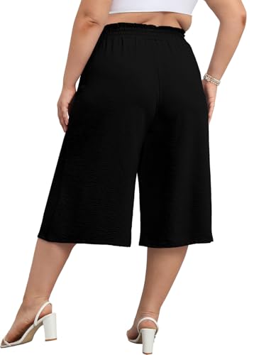 Lastshe Women's Casual Plus Size Cropped Wide-Leg Pants with Pockets High Waisted Adjustable Tie Knot Capri Palazzo Trousers2