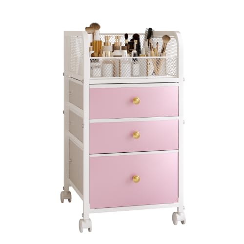 Image of Rolling Makeup Vanity Cart, Makeup Organizer with Drawers, Rolling Makeup Bathroom Storage Cart, Cosmetic Vanity Display Cases Holder for Nail Polish Brush Hair Tool (Pink)