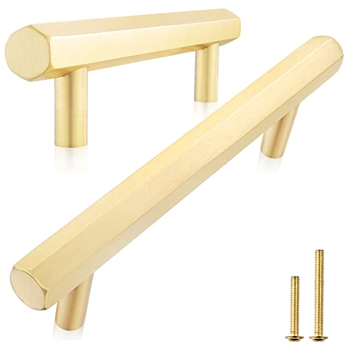 Qogrisun 5-Pack Solid Brass Hexagon Cabinet Pulls - 5-Inch Hole Center, Brushed Finish, Perfect For Kitchen, Bathroom, Dresser, And Cupboard Hardware #TOP4