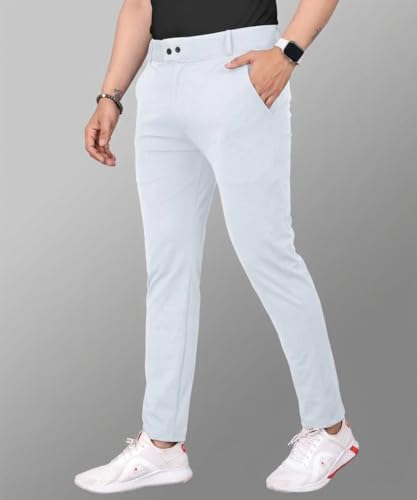 Image of MiraMichi Men's Slim Fit Stretchable Casual Mid Rise Trousers | Stylish Lycra Blend Pants for Office, Party