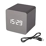 Jchornor Wooden Digital Alarm Clock, 2.5-inch Small Mini Modern Cube Desk Wood Alarm Clock with 3...