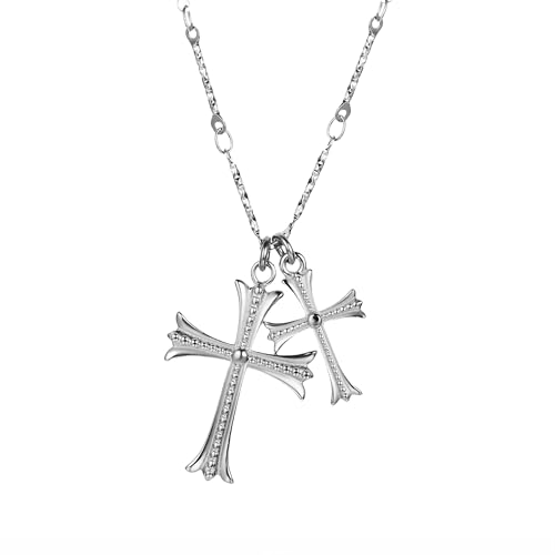 Apexillio Cross Necklace Faith Pendant 14K Plated Dainty Chain (Style 4 Double Cross Silver 16+2 Inches)