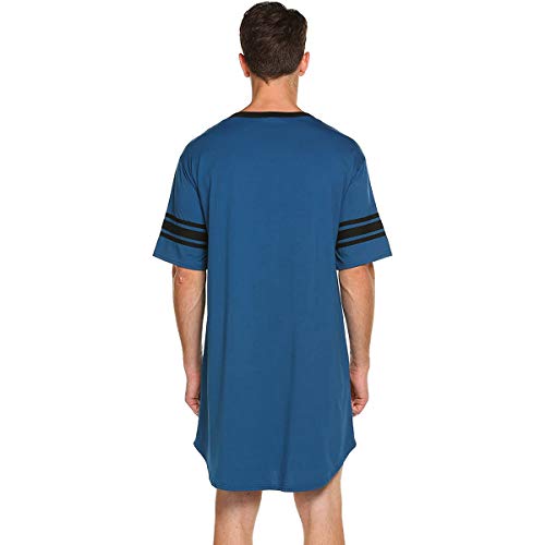 N /C Men Cotton Nightshirt, Short Sleeve V-Neck Soft Loose Nightwear (Blue, L) #TOP2