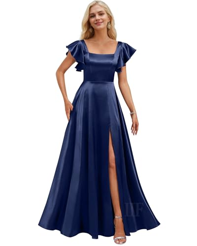 Image of IIF Short Sleeve Bridesmaid Dresses with Pockets Square Neck A-Line Satin Prom Gown Dress for Women with Slit IIF134
