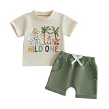 WZTYYDS Baby Boy First Birthday Outfit Number Animal Print Short Sleeve Tops & Shorts Sets 1st Birthday Outfit Summer Clothes (D Beige, 12-18 Months)