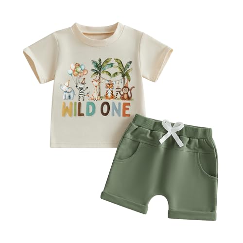 WZTYYDS Baby Boy First Birthday Outfit Number Animal Print Short Sleeve Tops & Shorts Sets 1st Birthday Outfit Summer Clothes (D Beige 12-18 Months)