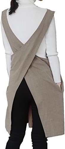 AOBBYBBS Cotton Linen Apron Halter CrossBack Bandage Aprons Japanese Style X Shape Pocket (Khaki)