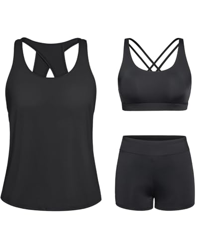 Image of 3 Piece Tankini Long Sleeve Swimsuits Athletic Rash Guard Bathing Suits | Modest,Full Coverage,High Waisted Short,Quick Dry,Criss Cross Back
