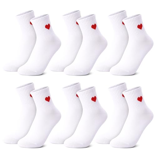 Utensilsto 6 Paar Damen Socken mit Rot Herz Tennissocken Herzen Damen 36-40 SportSocken Frau aus Baumwolle Stylische Crew Socke Motivsocken Sport Socken (Weiß)