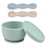 Ginbear Saug-Silikonschüssel mit Deckel 260 ml & 2 Baby-Löffeln | Ab 4 Monaten | Baby-Led-Weaning (BLW) Selbstfütter-Set, Erste Stufe | Ungiftig, Lebensmittelecht, BPA-frei (Grün + Beige + Blau)