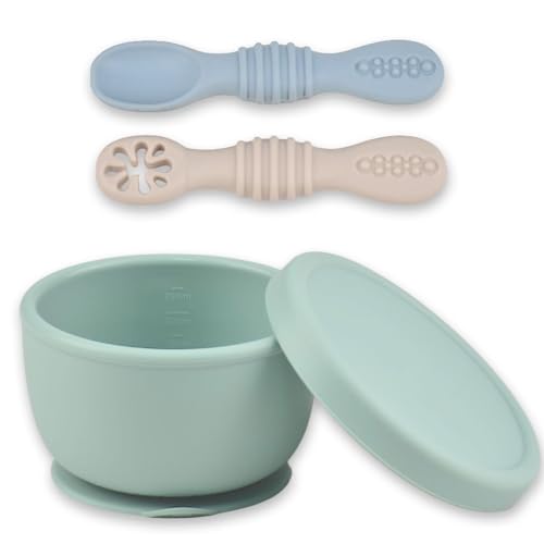 Ginbear Cuenco de Silicona con Ventosa de 260 ml y 2 Cucharas para Bebé, a Partir de 4 Meses, Sin BPA, No Tóxico (Verde + ivo + azul)