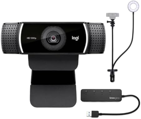 Logitech C922 Pro Stream 1080p Webcam Bundle with Webcam Stand with Selfie Ring Light and 4-Port USB 3.0 Hub (3 Items)