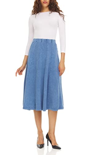 KIKI RIKI Stonewash Panel Midi Skirt with Elastic Waist for Womens/Teens 32 Inch Length