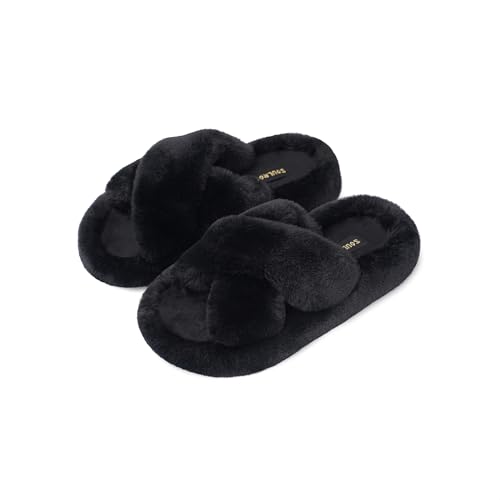 Image of SOULROSE Womens Slipper Open Toe Fuzzy House Slippers for Woman Platform Indoor Outdoor Cross Band Slippers with Anti-Slip Sole Furry Bedroom Memory Foam Gift Shoes