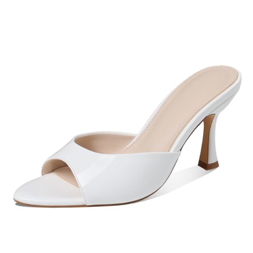 CELNEPHO White Kitten Heels for Women Heeled Sandals Backless Slip