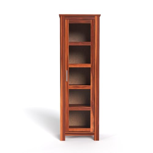 Image of SUNCOM Solid Sheesham Wood Book Shelf - Showcase Glass Door Crockery Storage Unit Or Bookcase, 5-Shelf Wooden Book Rack, Display Cabinet Furniture for Home, Kitchen & Library Areas (Natural Finish)