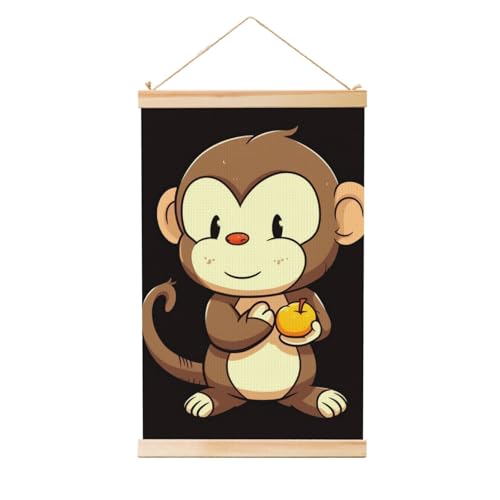 Poster singe aux fruits en bois suspendu - Toile vintage 51x76 cm