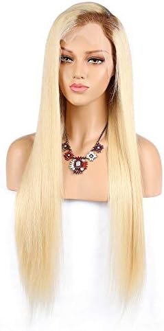 Jun Ran Hair Straight #613 Blonde Human Hair Wigs With Dark Brown Root Brazilian Virgin Remy Ombre Color #4/613 Lace Front Wigs Free Part 130% Density 18inch