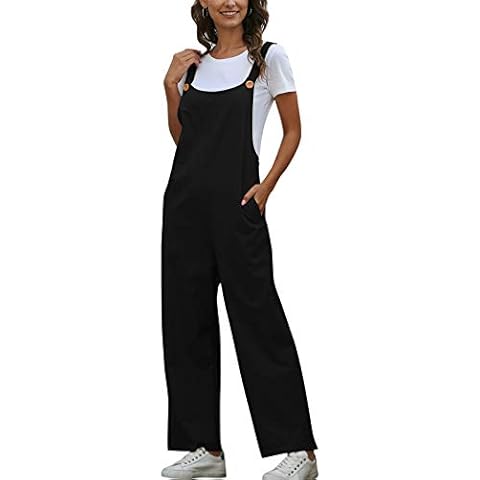 SotRong Linen Dungarees for Women uk Loose Fit Baggy Jumpsuit Sleeveless Overall Cotton Rompers Casual Long Wide Leg Playsuit Trousers Pants with Pocket Black M Cover