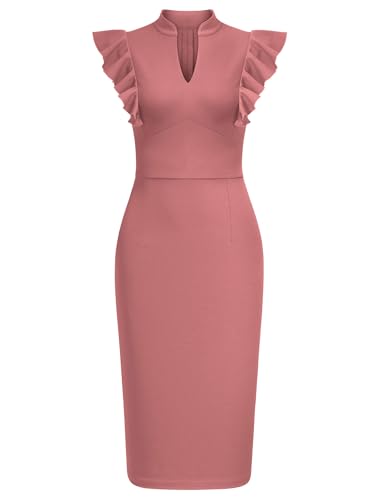 Image of Knitee Women's Vintage Ruffle Sleeve V-Neck Bodycon Evening Party Cocktail Pencil Sheath Dress