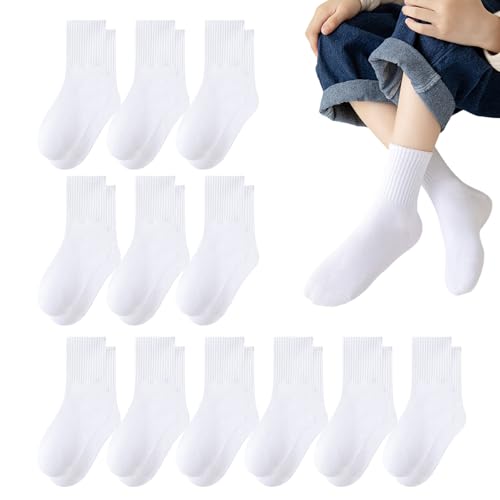 Cotton Socks Kids, 12 Pairs Soft Breathable Non Slip Mid-Calf Crew Socks for Kids Boys Girls Students Age 9-13, Crew