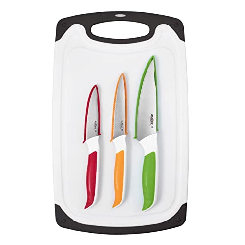 Zyliss Comfort Cutting Board & 3-Piece Knife Set - Japanese Stainless Steel Knife Set - Paring, Utility, And Serrated Paring Knives - Plastic Cutting Board - Dishwasher & Hand Wash Safe - 4 Pieces #TOP15