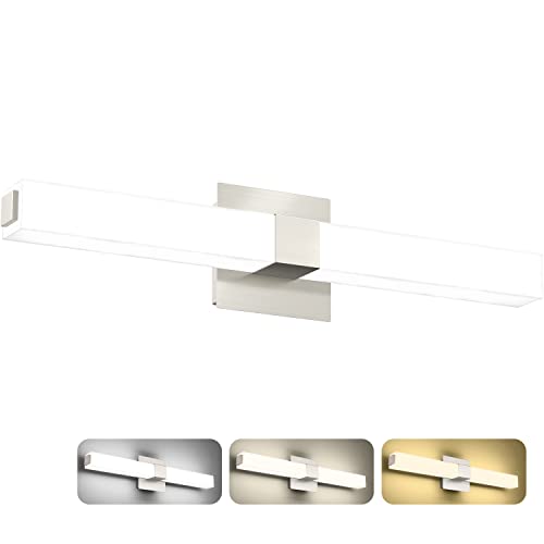 Image of 24in Modern Bathroom Vanity Light, 3CCT Dimmable Nickel LED Vanity Lights Bar, 18W Bathroom Lighting Fixtures Above Mirror 3000K /4500K /6000K Selectable