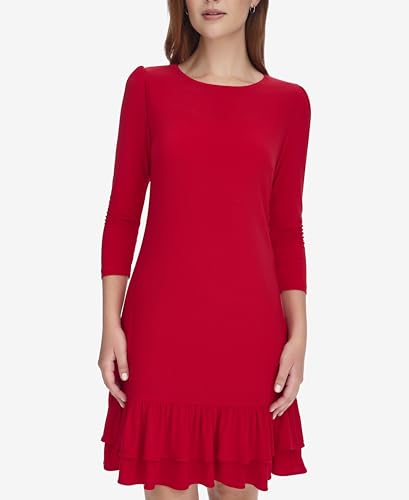 Image of Tommy Hilfiger Women's 3 /4 Sleeve Crew Neck Double Ruffle Hem Jersey Shift Mini Dress