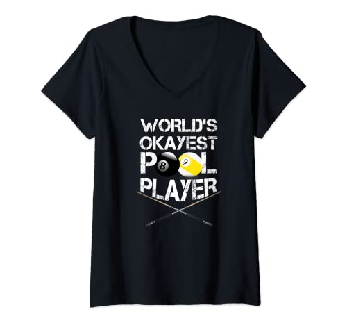 Womens Mens World s Okayest Pool Player Funny Billiards V-Neck T-Shirt