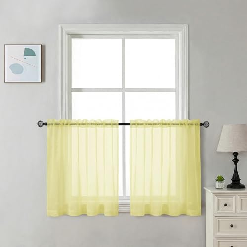 Image of Chyhomenyc Short Sheer Curtains 30 inch Length 2 Panels - Light Filtering Voile Rod Pocket Window Curtians for Bathroom Living Room Farmhouse Small Windows, 42Wx30L inches, Light Yellow