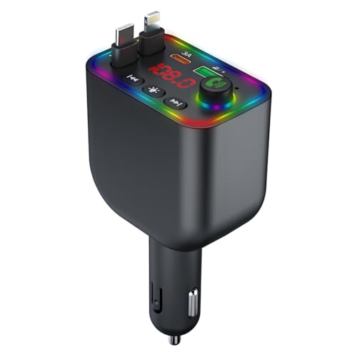 Retractable 120W Fast Car Charger for iPhone with Type C Cables,Bluetooth FM Transmitter Car Adapter Handsfree Call Audio Receiver Radio Transmitter MP3 Player LED Backlit Support USB (Y4)