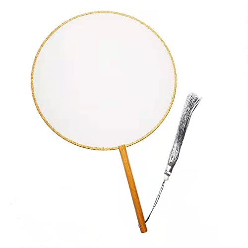 Long Handle Blank White Chinese 100% Mulberry Silk Hand Fans Dancing Costume Decor DIY Adult Painting Embroidery Hanfu Cheongsam Accessories (round 24cm)