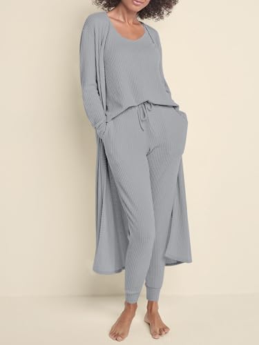Image of Eurivicy Womens 3 Piece Lounge Set Tank Tops Pants with Long Cardigan Grey