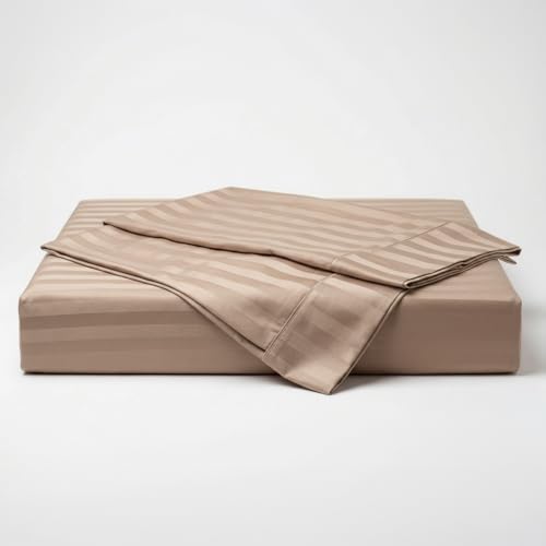 Image of LANE LINEN 100% Cotton Double Bedsheet with 2 Pillow Cases | Damask Stripe 3pc Bedding Set- 2.29M x 2.54M | Breathable & Comfortable Fabric | Oeko-TEX Certified - Taupe