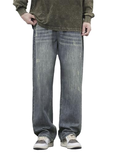 Men Streetwear Jeans Vintage Frayed Casual Wide Trousers High Street Denim Pants with Pockets
