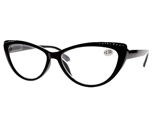 bestsight1936 Women's Spring Hinges Rhinestone Cat Eye Resin Lens Reading Glass Eyewear +1.0 1.5 2.5 3.0~+6.0 (Black, 1.50)
