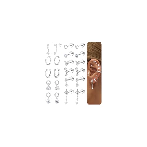 BESTEEL Hypoallergenic Flat Back Earrings for Women -Silver Surgical Steel Earring Stacks Set | Small Stud & Hoop for Cartilage, Helix, Tragus | Multiple Piercing Comfort Jewelry Silver