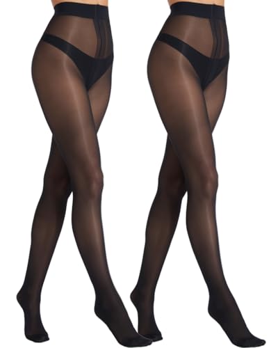Image of MERYLURE 20D Sheer Black Tights for Women, T-Crotch Ultra Thin Pantyhose High Waist Stockings Reinforced Toes 2 Pairs