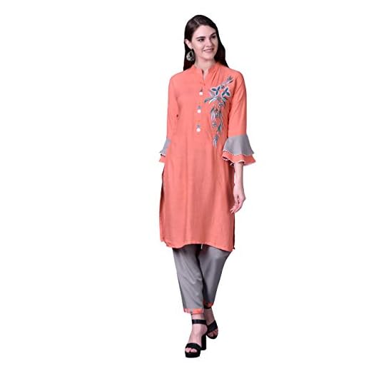 Ziva Fashion Women Embroidered Kurta and Palazzo Set Cotton Rayon Blend (XL - 42, Orange)