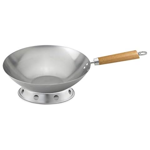 Helen’s Asian Kitchen 97146 Round Bottom Wok, Carbon Steel and Bamboo, 12-Inches, 4-Piece Set, One Size, Black Cover