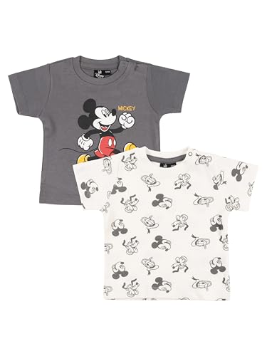 Disney Mickey Mouse Lot de 2 t-shirts pour bébé garçon et fille, à manches courtes, blanc/gris, blanc/gris, 62/68 cm